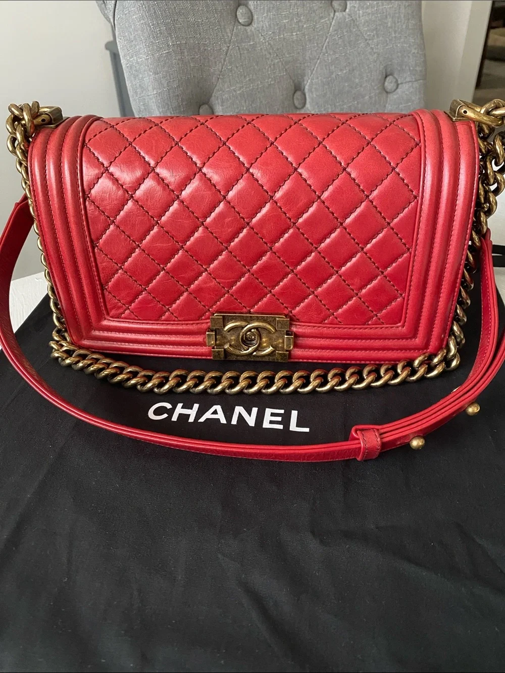 Chanel Boy Red Medium Bag Gold Hardware Comes Full Set: COA, Dust Bag, Box